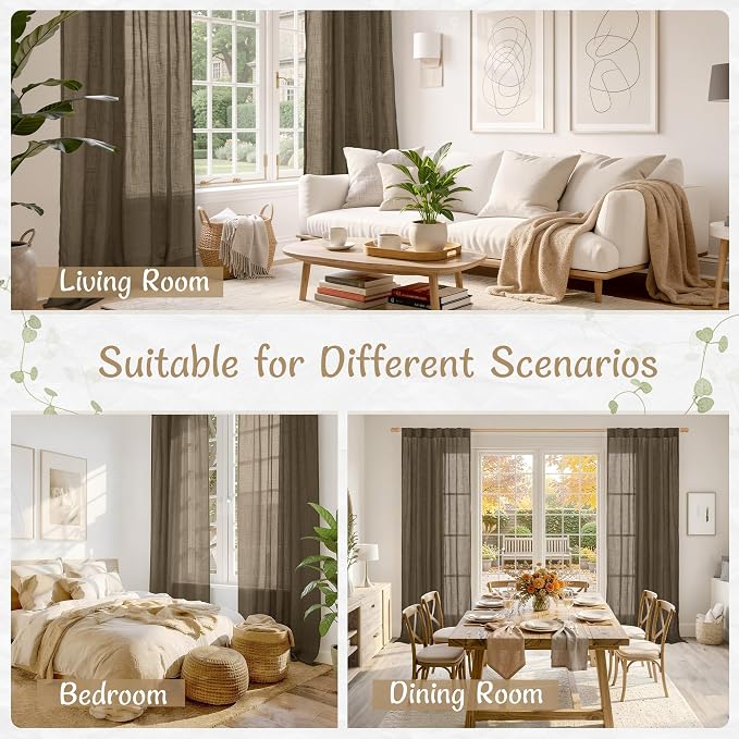 Brown Sheer Curtains 102 Inch Faux Linen Back Tab 2 Panels