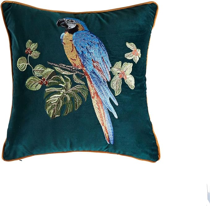 Luxury Embroidery Parrot Throw Pillowcase Gold Embroidered Velvet Cloth Cushion Cover Decorative Animal Bird Print Parrot Pillow Cover for Preppy Stuff Room 1PCS (Color-3)