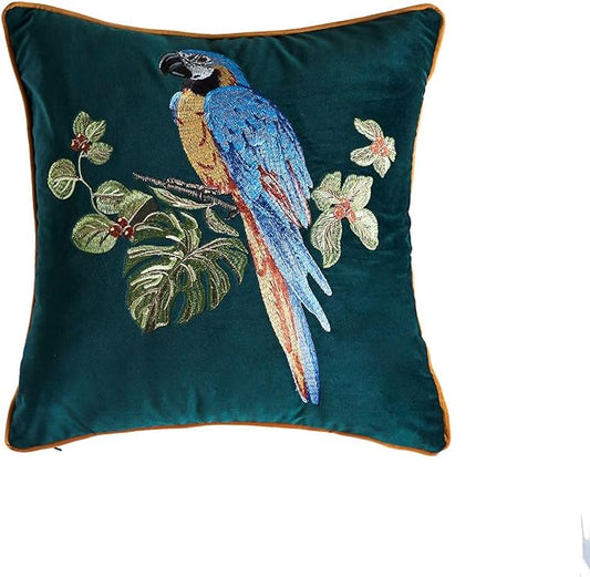 Luxury Embroidery Parrot Throw Pillowcase Gold Embroidered Velvet Cloth Cushion Cover Decorative Animal Bird Print Parrot Pillow Cover for Preppy Stuff Room 1PCS (Color-3)