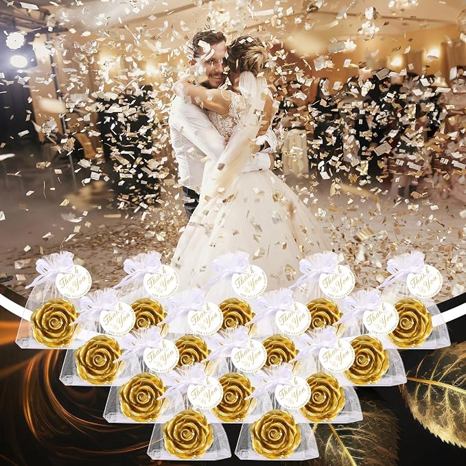 Treela 24 Set Rose Flower Candles, Gold Wedding Favors for Guests