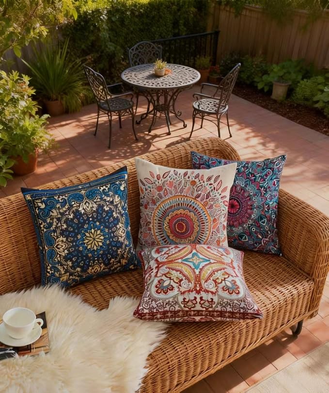 Boho Throw Pillow Covers 18X18 Inch Set of 4 Bohemian Soft Velvet Couch Pillow Cases Farmhouse Decorative Pillow Covers for Sofa Living Room Bedroom Outdoor Patio Porch