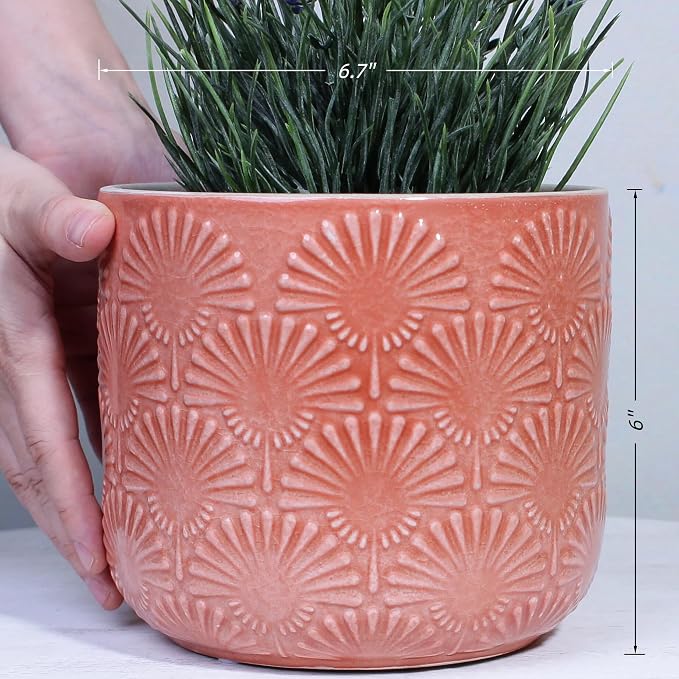 Boho Ceramic Flower Pot, 6.7" Modern Planter for Indoor Outdoor Plants | Decorative Glazed Embossed Fanburst Texture Plant Pot with Drainage Hole & Plug, Bohemian Chic Home Garden Decor, Coral Blush