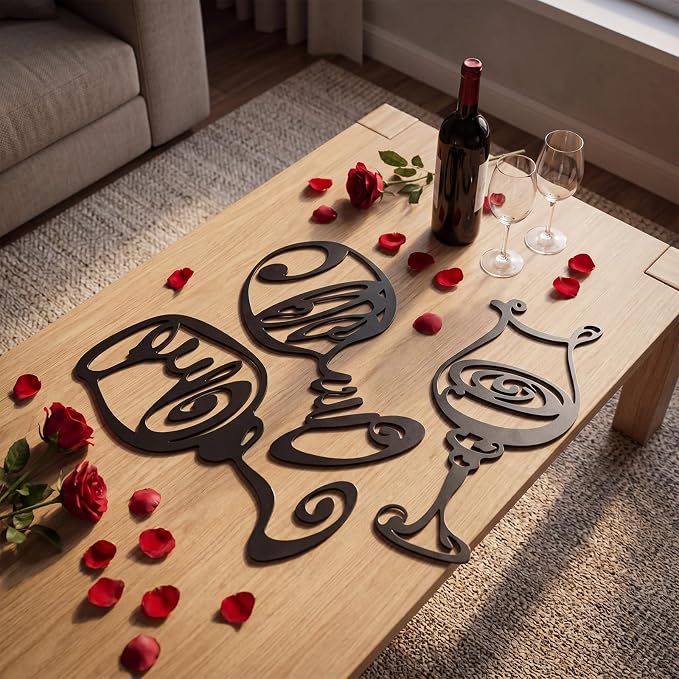 Otoolling 3 Pcs Wine Wall Art Black Metal Wine Sign 3 Style Modern Metal Bar Decor for Wall Drinker Gift for Dining Room and Entertaining Spaces (Abstract)
