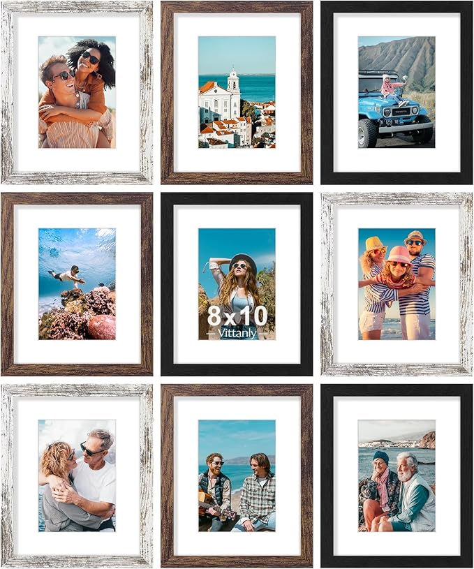 Vittanly 8x10 Picture Frames Set of 9, Black&Brown&Distressed White | Display Pictures 5x7 with Mat or 8x10 without Mat, Small Photo Frames, Engineered Wood with Shatter Resistant Plexiglass