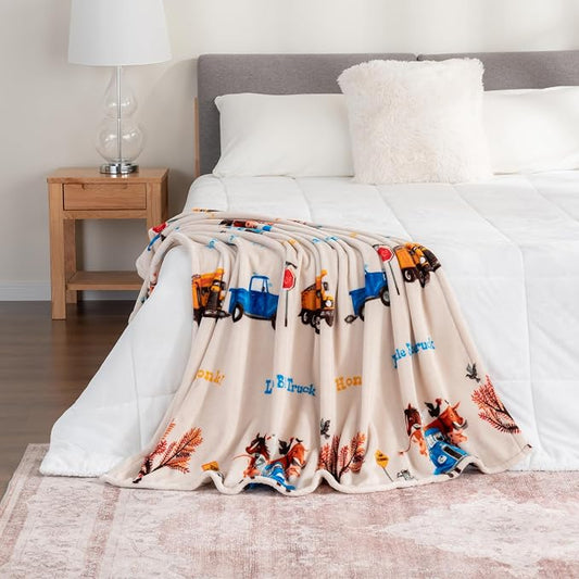 Berkshire Blanket - Officially Licensed Little Blue Truck Kids Throw Made with Signature VelvetLoft® Fabric, Pet-Friendly and Cozy Throw, 50 in x 60 in, Little Blue Truck - Stripe Neutral
