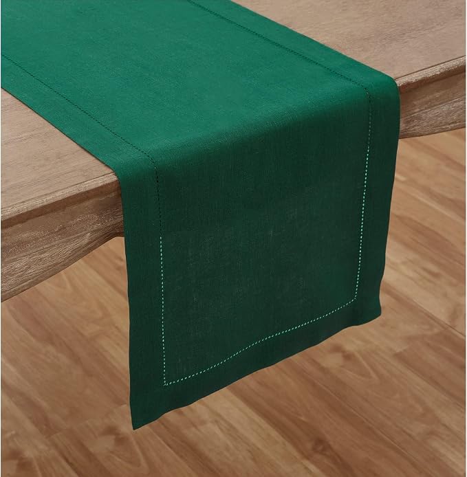 Solino Home 100% Pure Linen Table Runner Rainforest Hemstitch, 14 x 120 in | Classic Hemstitch, dresses up dining tables for everyday meals, hemstitched border, mitered corners, soft, OEKO-TEX Certified
