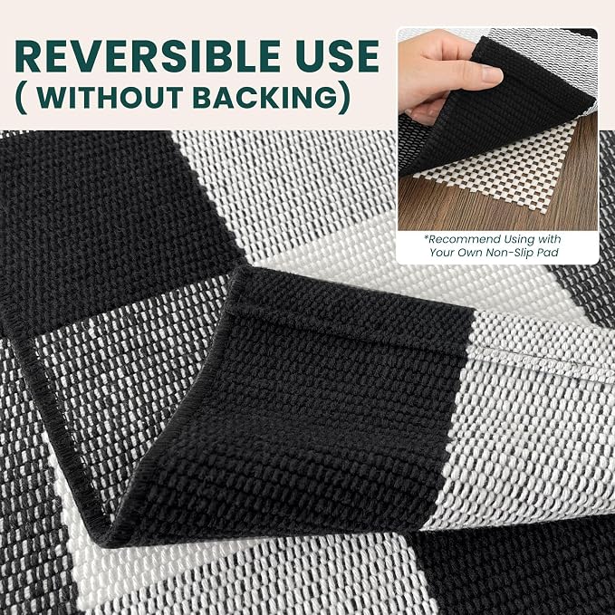 KOZYFLY Buffalo Plaid Rugs 2x4.3 Ft Black and White Rug Front Door Mat | Washable Front Door Rug, Woven Cotton Indoor Outdoor Rug, Front Porch Kitchen Entryway Patio Farmhouse Checkered Doormat