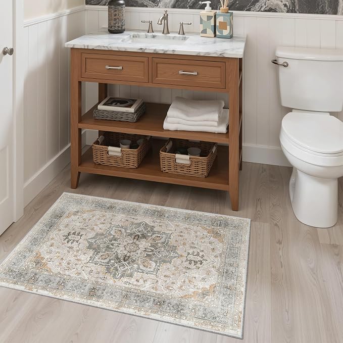 Madane Washable Area Rug 2x3 Small Entryway Rugs Non-Slip Light Taupe Brown | Vintage Stain-Resistant Door Mat Indoor Entrance, Low Pile Floor Carpet for Inside Front Bedroom Kitchen Entry Laundry, Stair