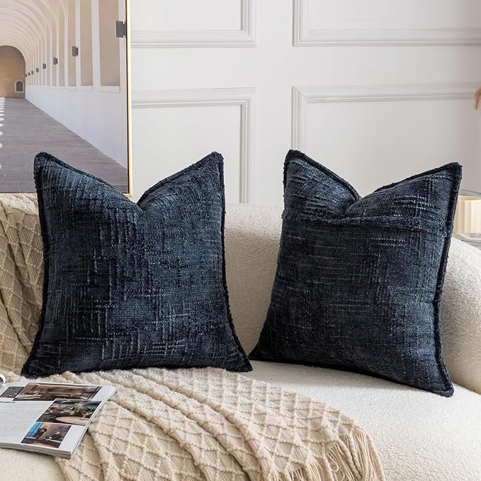 MADIZZ Pack of 2 Chenille Throw Pillow Covers 16x16 Inch Dark Blue Soft Neutral Decorative Throw Pillows for Couch Sofa Boho Accent Cushion Covers Modern Farmhouse Home Decor for Bedroom Living Room