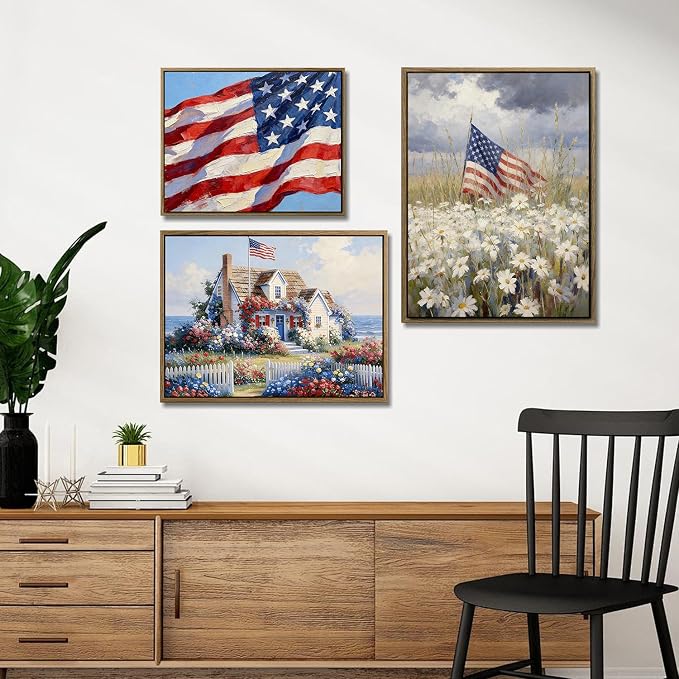 American Flag Framed Canvas Wall Art, 4th of July Patriotic Canvas Prints | Summer Cottage Landscape Poster Print, Vintage Independence Day Wall Decor for Bedroom Living Room Office 16×20in