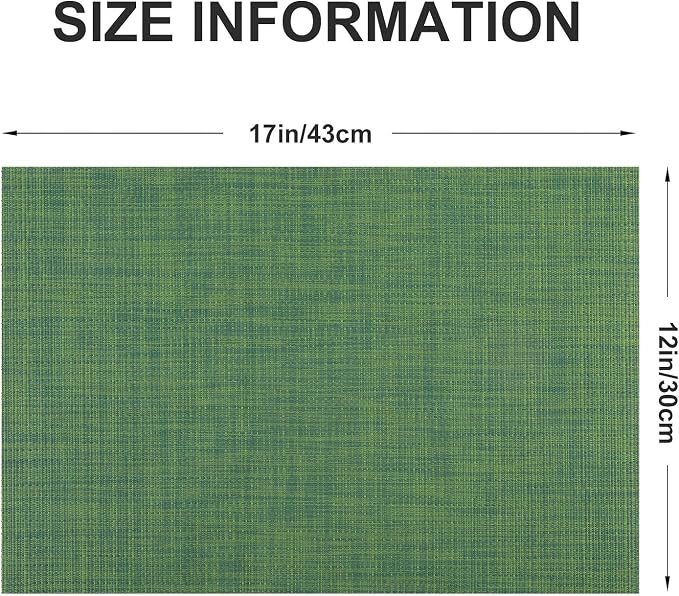 Vinyl Placemats Set of 6, PVC Woven Washable Non-Slip Table Mats, Heat Resistant Wrinkle Free Place Mats for Dining Table, Easy to Clean (6, Green)