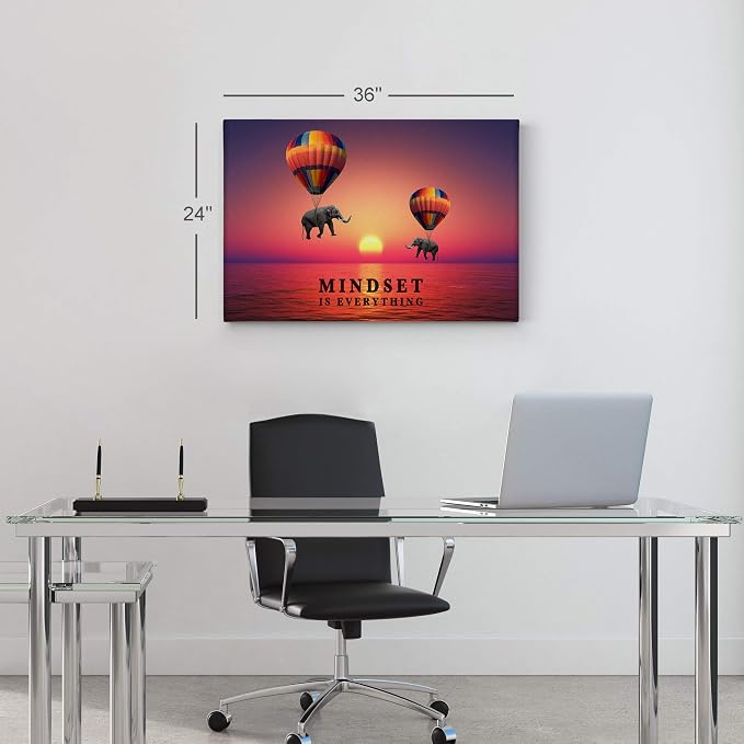 Smile Art Design Mindset is Everything Elephant with Balloon in Sunset Motivational Wall Art Canvas Print Inspirational Wall Art Entrepreneur Quote Office Living Room Decor Gift Ready to Hang 11x17