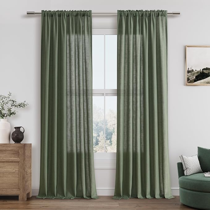 Olive Green Linen Curtains 90 Inch Length for Living Room Bedroom 2 Panels Set Rod Pocket Light Filtering Semi Sheer Window Curtains 52 Inch Width Boho Farmhouse Linen Drapes, W52xL90