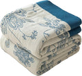 Phuryllic Boho Throw Blanket Full Size, Extra Large Soft Cozy Cotton Muslin Quilt Blanket for Bed Decor, Floral Patterned Couch Sofa Chair Cover, Vintage Farmhouse Cottage Woven Blanket, Blue&White