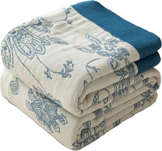 Phuryllic Boho Throw Blanket Twin Size, Soft Cozy Cotton Muslin Quilt Blanket for Bed Decor, Floral Patterned Couch Sofa Chair Cover, Vintage Farmhouse Cottage Tapestry Woven Blanket, Blue and White