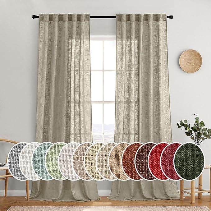 MIULEE Oatmeal Linen Curtains 52x108 Inch Long for Bedroom and Living Room | 2 Panels, Soft Thick Linen Textured Natural Window Drapes, Semi Sheer Light Filtering, Back Tab Rod Pocket, Burlap Look Decor