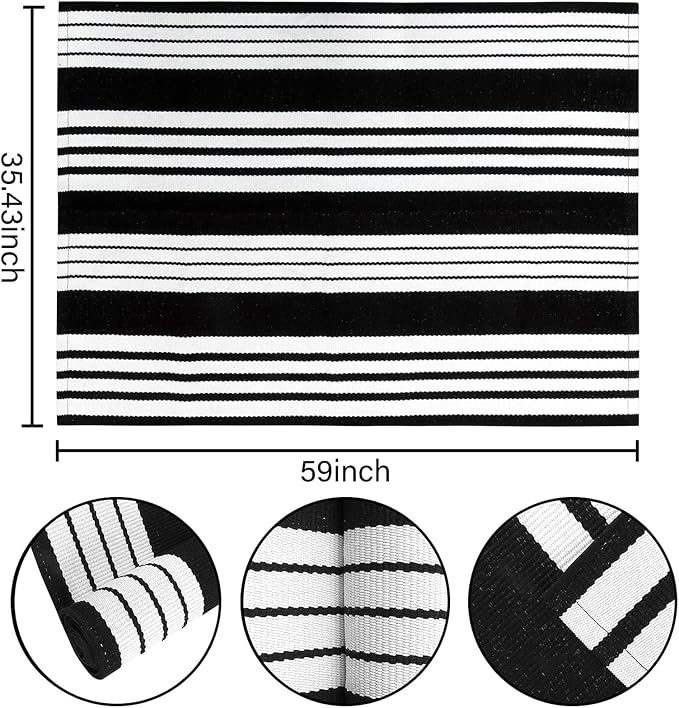 Black and White Outdoor Rug 3'x 5',Striped Farmhouse Front Porch Mat | Machine Washable Hand-Woven Outdoor Front Porch Rug Combined Use With Hello Welcome Mat