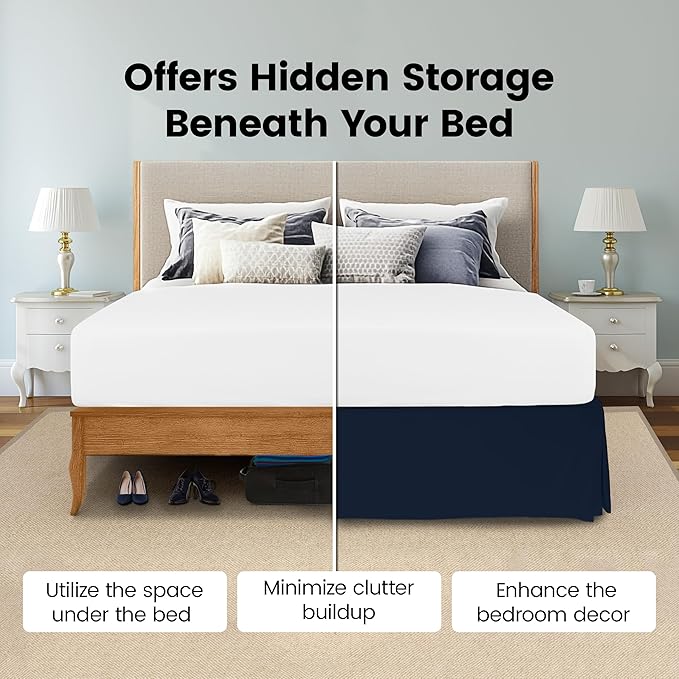 King Bed Skirt, Hides Under-Bed Storage 16 Inch Drop, Pleated, Navy | Easy Fit Design, Shrinkage & Fade Resistant, Hotel Style, Microfiber Durable Fabric, Machine Washable