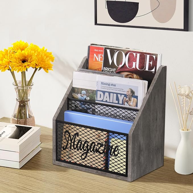 YINMIT 3 Tier Magazine Rack, Stepped Magazine Holder Floor for Home Storage | 3 Tier Stepped Design, Wood and Metal Construction, Easy Magazine Display, Book Organizer Basket for Living Room, Office