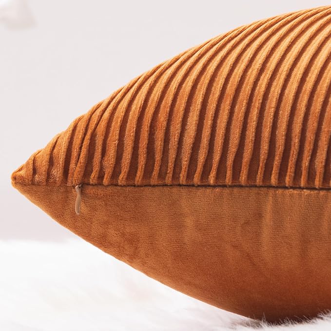 YCOLL Burnt Orange Pillow Covers 26x26 Set of 2 Velvet Striped Pattern - Soft Throw Pillows for Home Decor, Luxury Decorative Pillow Covers for Couch, Bed,Living Room
