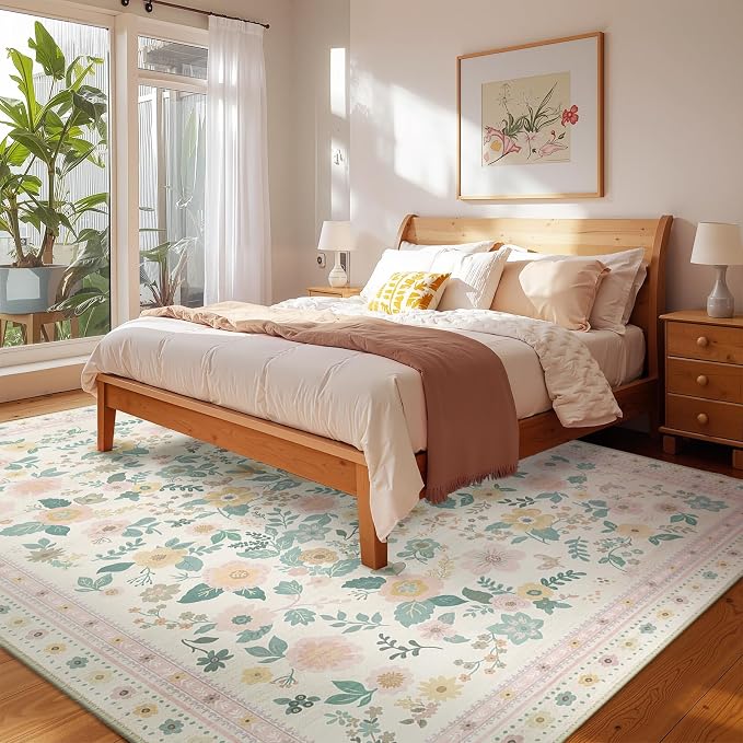 Washable Floral Area Rug for Living Room 8x10 Light Beige | Non-Slip，Vacuum-Friendly, Low Pile, Flower Carpet for Bedroom Kitchen Entryway Dining Room Office Nursery