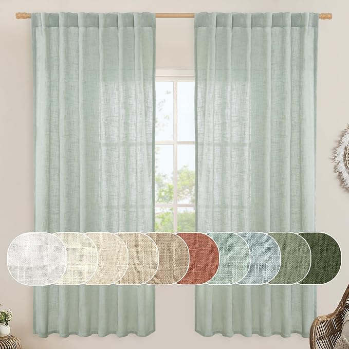 Light Sage Semi Sheer Linen Curtains 72 inch Length for Bedroom | Faux Linen Textured, Light Filtering Drapes, Curtains for Living Room, Rod Pocket Back Tab, 2 Panels, 52 x 72 Inch