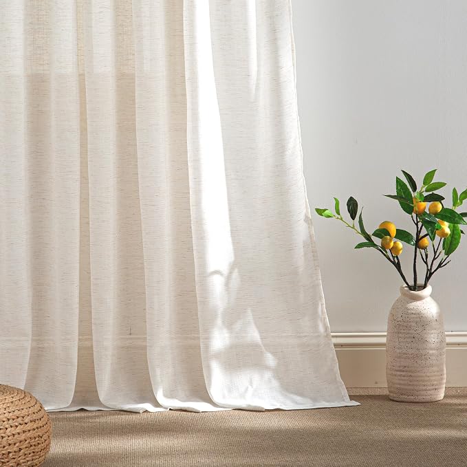 RYB HOME Sheer Curtains 108 inches, Extra Long Floor to Ceiling Curtains | Light Filtering Privacy, Faux Linen Fabric, Living Room Bedroom Sliding Glass Door, Back Tab, W52 x L108, 2 Panels, Ivory