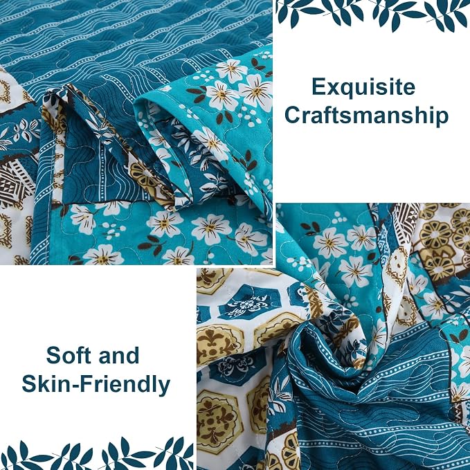 Mybedsoul Boho Quilts Queen Size, Floral Patchwork Bedding Set, Dusty Blue | Soft Lightweight Microfiber Coverlet Set, 3 Pieces Plaid Reversible Bedspread, Bed Sets for All Seasons 96"x90"