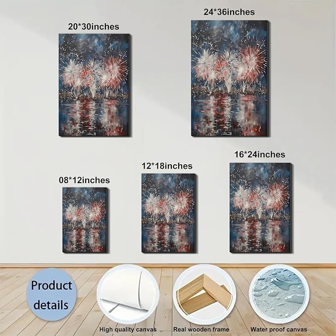 Framed 4th of July Fireworks Cityscape Wall Art, Patriotic Abstract Canvas Art Pictures, USA Independence Day Wall Decor, Made in USA Ready to Hang for Living Room Bar