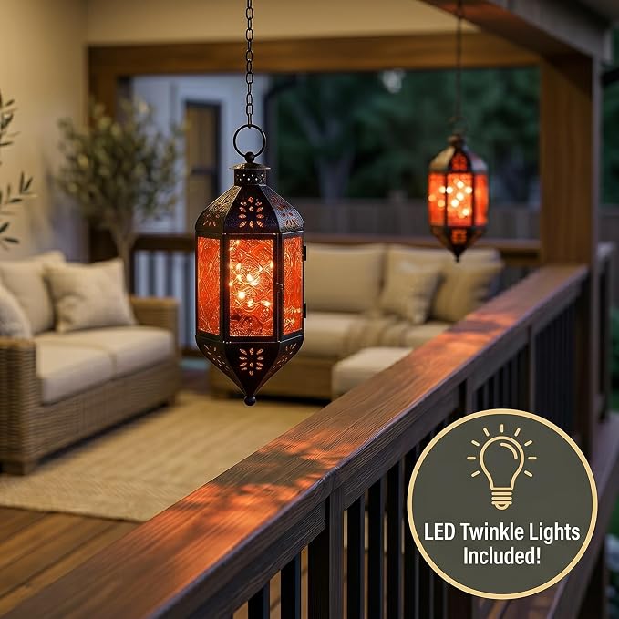 Vela Lanterns Hanging Moroccan Lantern with LED Twinkle Fairy Lights - Exotic Decorative Patio & Porch Decor, Indoor Outdoor Candle Lamp Holder with Chain (13" Large, Amber Glass)