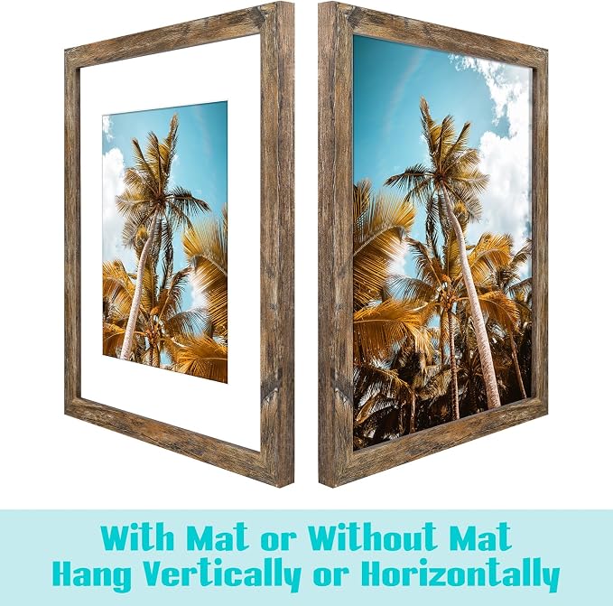 2 Pack 11x14 Rustic Brown Picture Frame with Real Glass Mat for 8x10