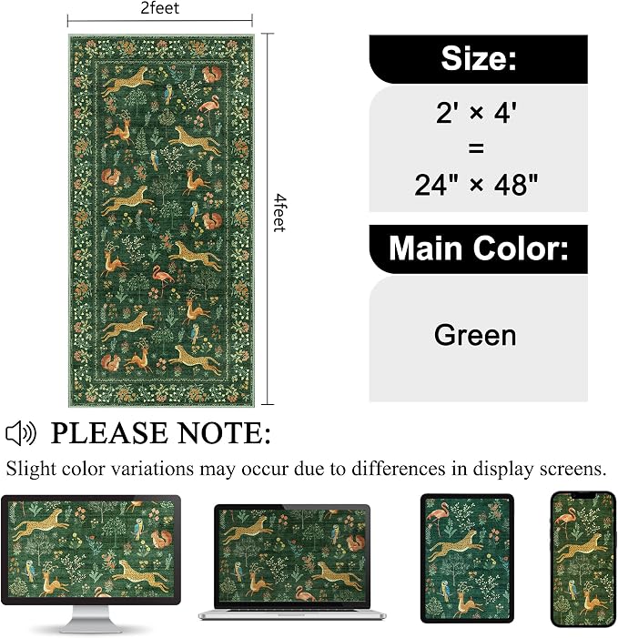 DUKINO 2x4 Rug for Entryway, Animal Washable Runner Rug for Kitchen, Green | Non Slip, Low Pile, Stain Resistant Thin Indoor Carpet for Hallway, Bedroom, Bathroom, Laundry, Pet Friendly, Non-Shedding