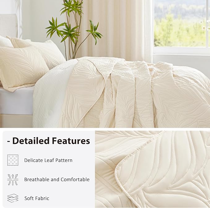 EXQ Home Queen Quilt Set Leaf Pattern Beige Bedspread | Bedding Set For All Season Use, Soft & Breathable Coverlet,3-Piece Set Includes 2 Shams, Machine Washable