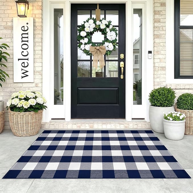 KOZYFLY Buffalo Plaid Area Rugs 3x5 Blue and White Washable Front Door Mat | Woven Cotton Outdoor Rug, Checkered Doormat for Front Porch Patio Farmhouse, Indoor Kitchen Entryway Rug
