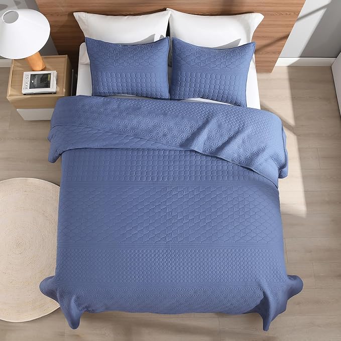 HORIMOTE HOME Denim Blue Twin Size Quilt Set - Soft Microfiber Bedspread with 1 Sham, Lightweight & All-Season Geometric Coverlet for Cozy Bedding