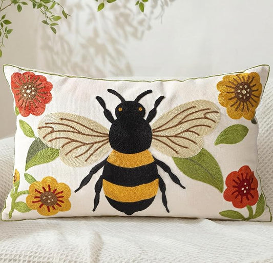 Animal Embroidered Lumbar Pillow Cover 20x12 Inch, Bee Floral | Decorative Throw Pillow Cover, Farmhouse Cushion Cases with Hidden Zipper, Cottagecore Decor for Couch, Sofa, Bedroom