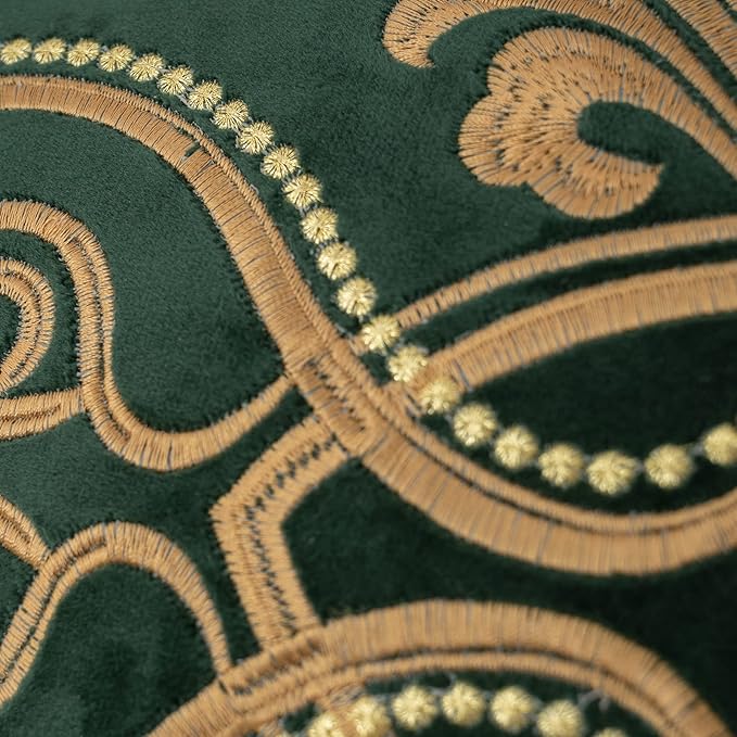 Aeckself European Floral Pillow Cover 24x24 Inch, Large Luxury Velvet Embroidered Decorative Throw Pillow Cover for Couch Bedroom Living Room, Dark Emerald Green and Gold, OBYG-Teal6060