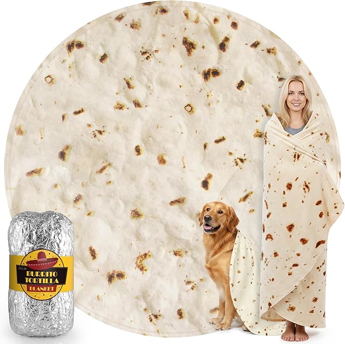 Zulay Kitchen Giant Double Sided Tortilla Blanket with Tinfoil Packaging - Novelty Blanket for Adults & Kids - Soft Flannel Round Tortilla Blanket for Indoors, Outdoors, Home 285 GSM - 71 Inches