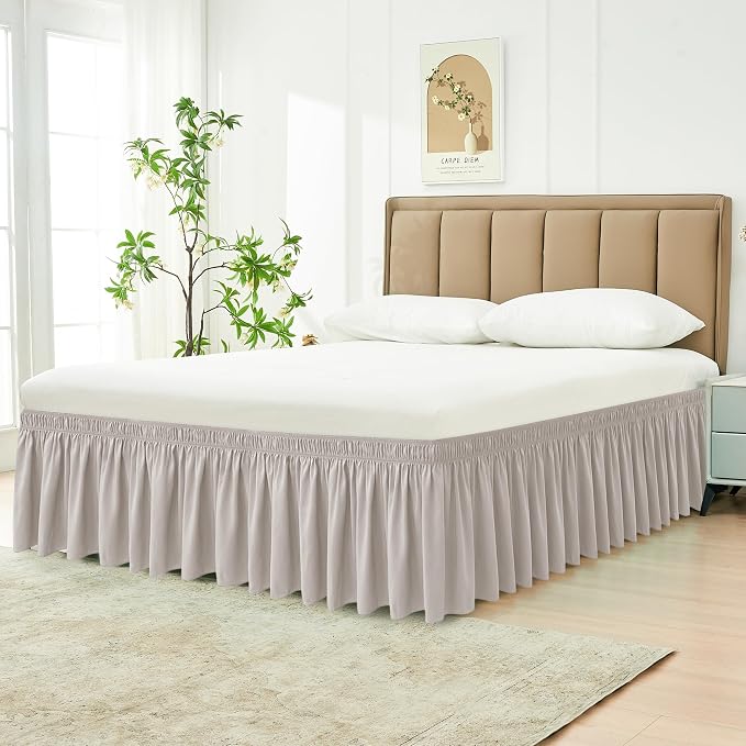 Wrap Around Queen Size Bed Skirt 14" Drop-Elastic Dust Ruffle Camel Grey | Adjustable Pleated Bedskirt-Easy Fit Wrinkle Resistant Washable Hotel Quality Fabric Bed Skirting-Master Guest Bedroom Rental