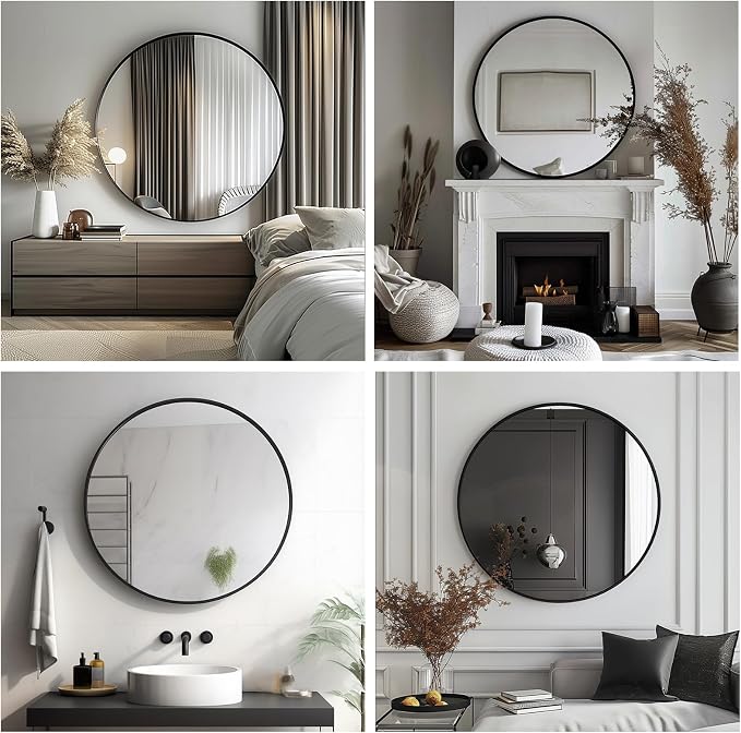 Big Circle Mirror 36 inch, Black Round Mirror, Matte Metal Frame | High Definition Mirror, Waterproof, Rust-resistant, Round Mirror for Living room, Bathroom, Hallway, Bedroom, Cloakroom