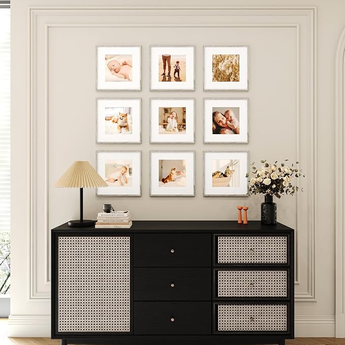 10x10 Picture Frame Set of 9, Display Pictures 8x8 with Mat or 10x10 without Mat, Multi Collage Gallery Square Photo Frames for Wall or Tabletop, Distressed Gray