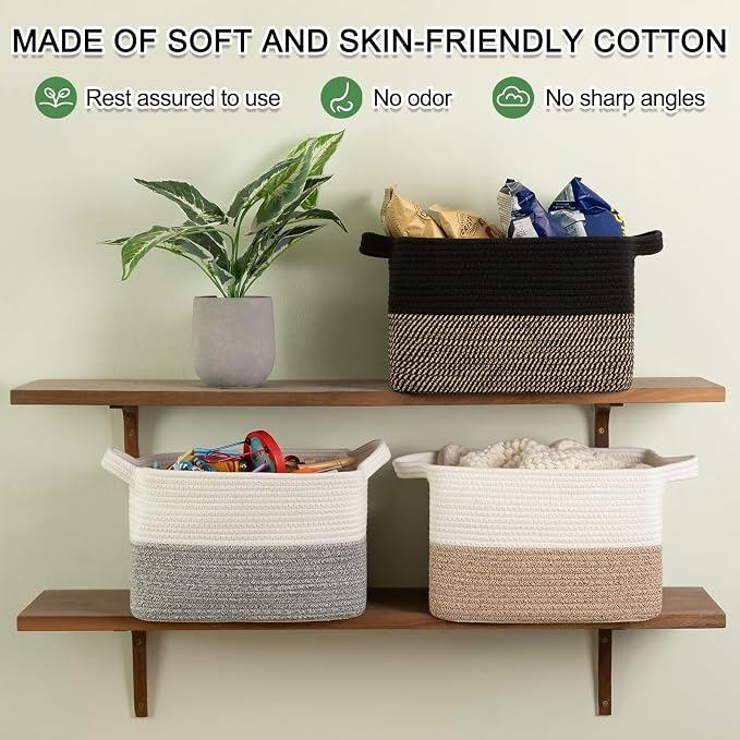 OIAHOMY Woven Storage Basket for Shelves, Rectangle Cotton Rope Baskets for Organizing, 13 x 10 x 9 in, Storage Bins for Dog Toys,Towel,Books,Gift,Grey and White