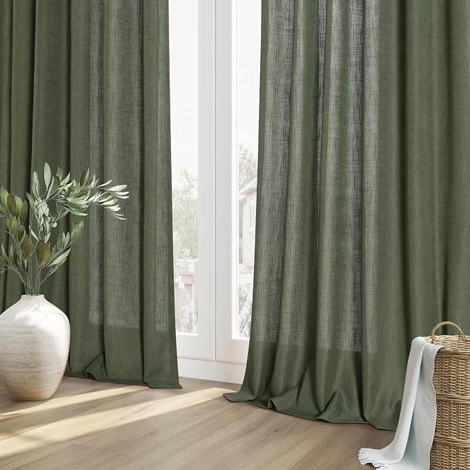 Olive Green Linen Curtains 96 Inch Length for Living Room Bedroom 2 Panels Set Rod Pocket Light Filtering Semi Sheer Window Curtains 52 Inch Width Boho Farmhouse Linen Drapes, W52xL96