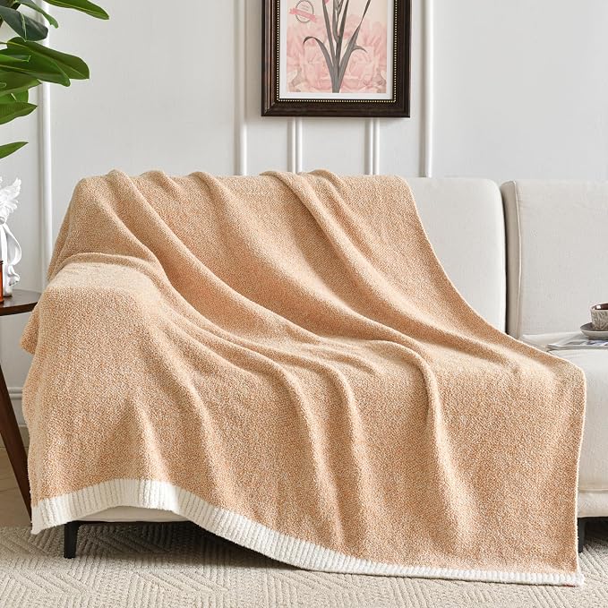 Chunky Knit Boucle Throw Blanket, Soft Washable Coastal Blanket for Bed Couch, Lightweight Cozy Oversized Feather Knit Blanket Indoor Outdoor for Sofa (Beige, Throw 50"x60")