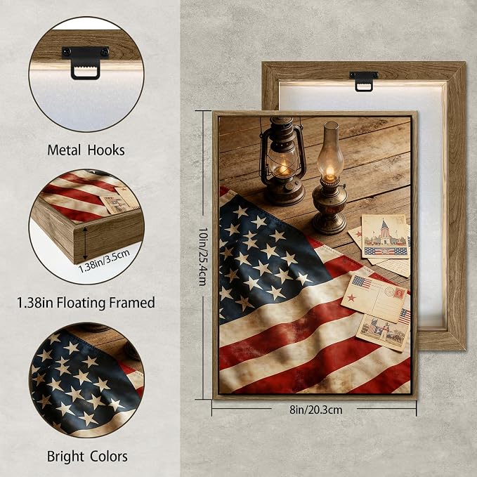 American Flag Framed Canvas Wall Art, 4th of July Patriotic Canvas Prints | USA Flag with Picture Poster Print, Modern Independence Day Wall Decor for Bedroom Living Room Office 8×10in
