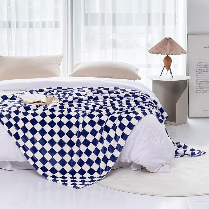 LOMAO Throw Blankets Flannel Blanket with Checkerboard Grid Pattern Soft Throw Blanket for Couch, Bed, Sofa Luxurious Warm and Cozy for All Seasons (Dark Blue, 40"x60")