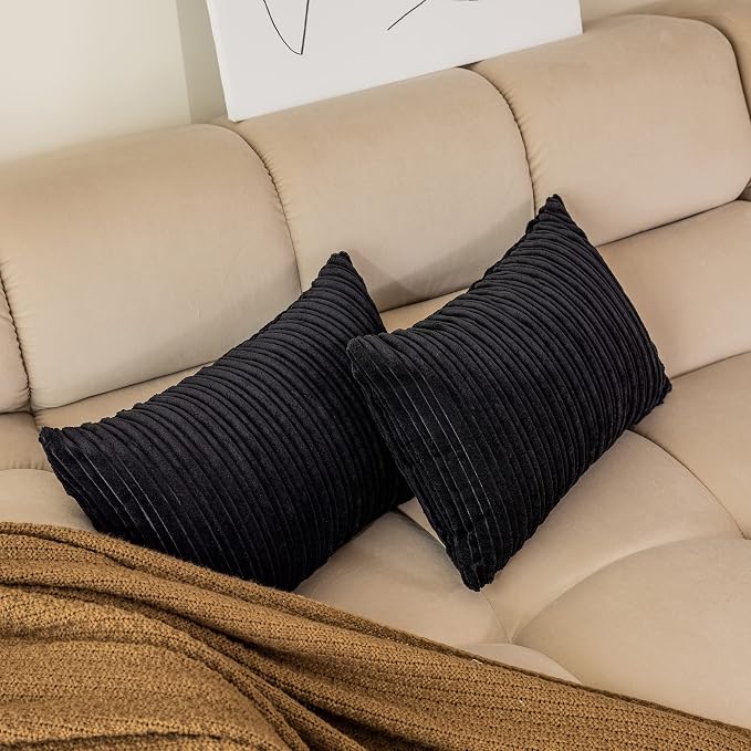 Kevin Textile Striped Corduroy 12”x20” Pillow Covers 2 Pack, Black