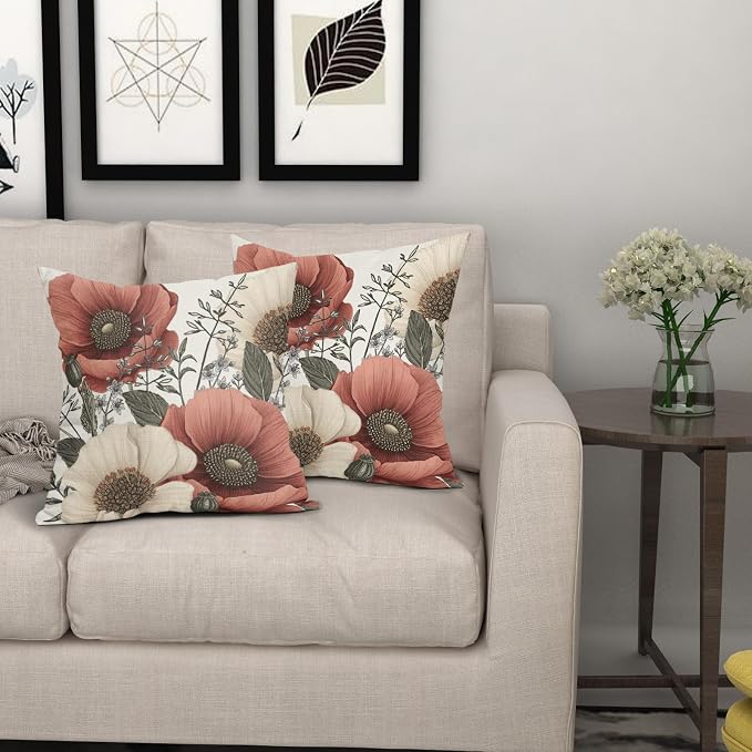 Vintage Flower Pillow Covers 20x20 Inch Rustic Floral Botanical Pattern Throw Pillow Covers Set of 2 Farmhouse Pillowcases Cotton Linen Cushion Covers for Couch Bed Sofa Chair Indoor Outdoor Decor