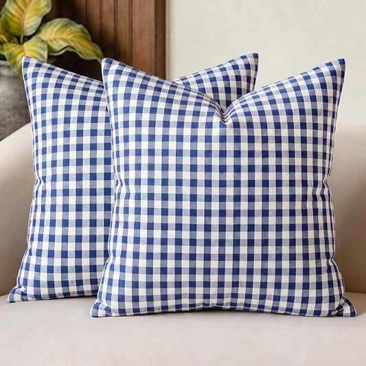 CARRIE HOME Navy Blue Plaid Outdoor Throw Pillow Covers 18x18 Set of 2 Blue and White Gingham Pillow Covers Farmhouse Decor for Bedroom and Christmas Holiday