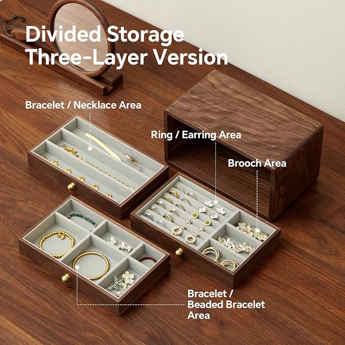 Wooden Jewelry Box, Large, Black Walnut Wood | For Women & Men, Velvet Lined Organizer, 3 Drawers, Brass Handles, Earring Ring Necklace Storage